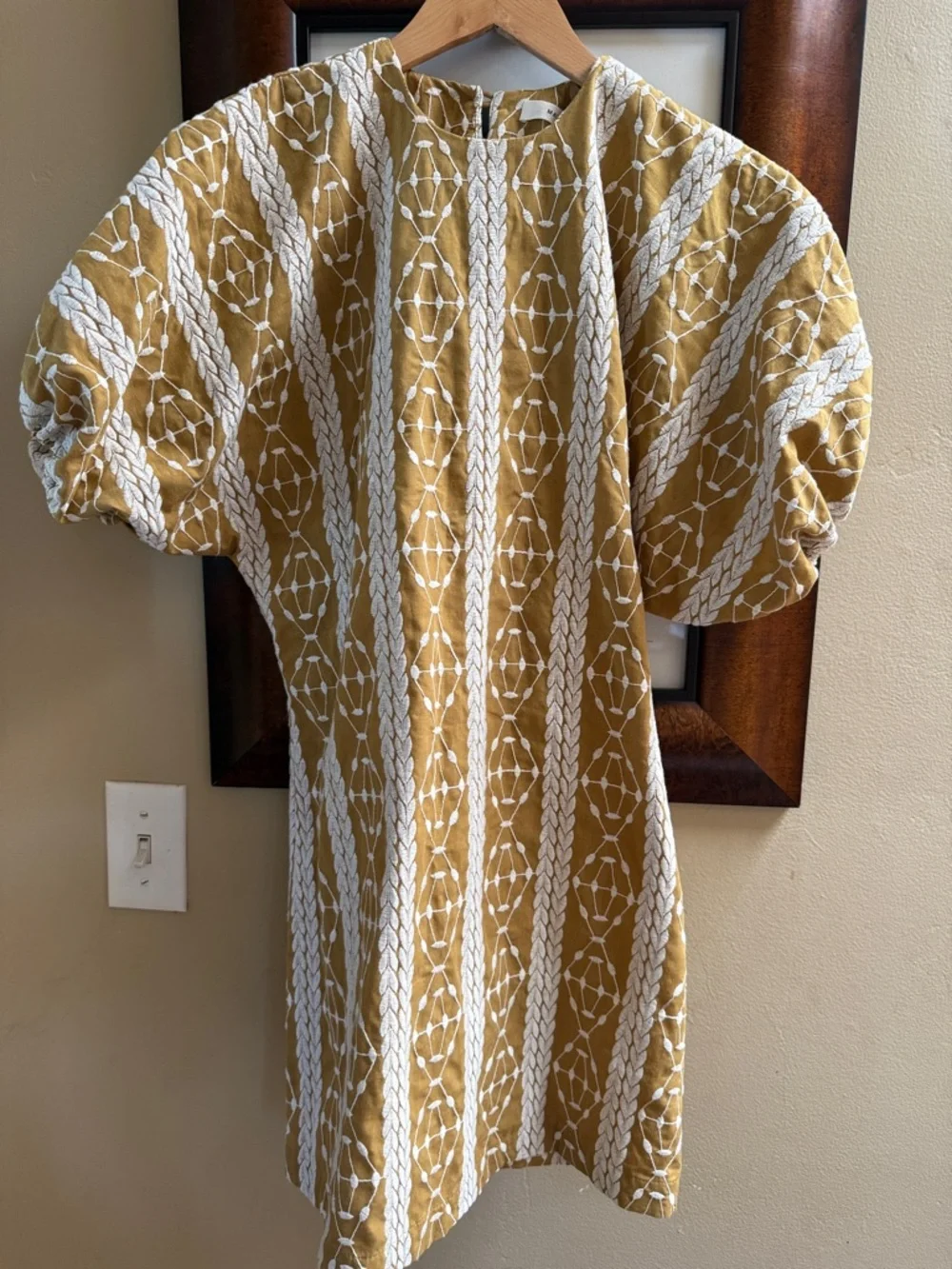 Matin Studio Embroidered Cotton Mini Dress Mustard Puff Sleeve AU 6 US 2